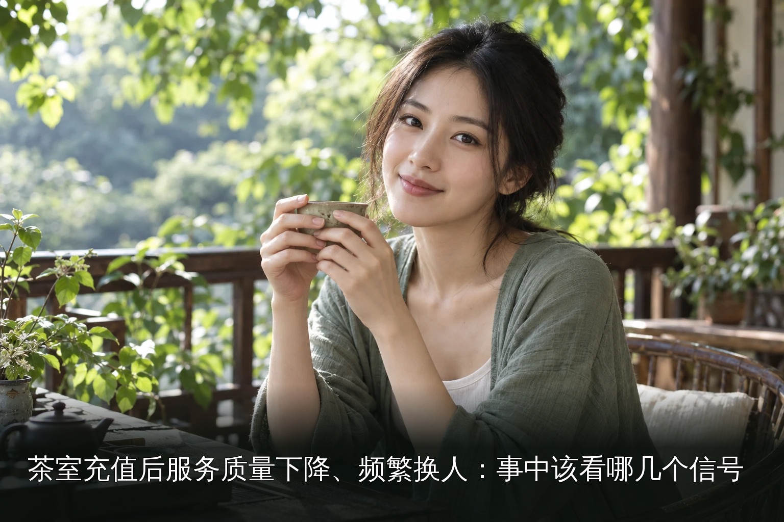 年轻女性品茶主题图｜阳台植物与品茶