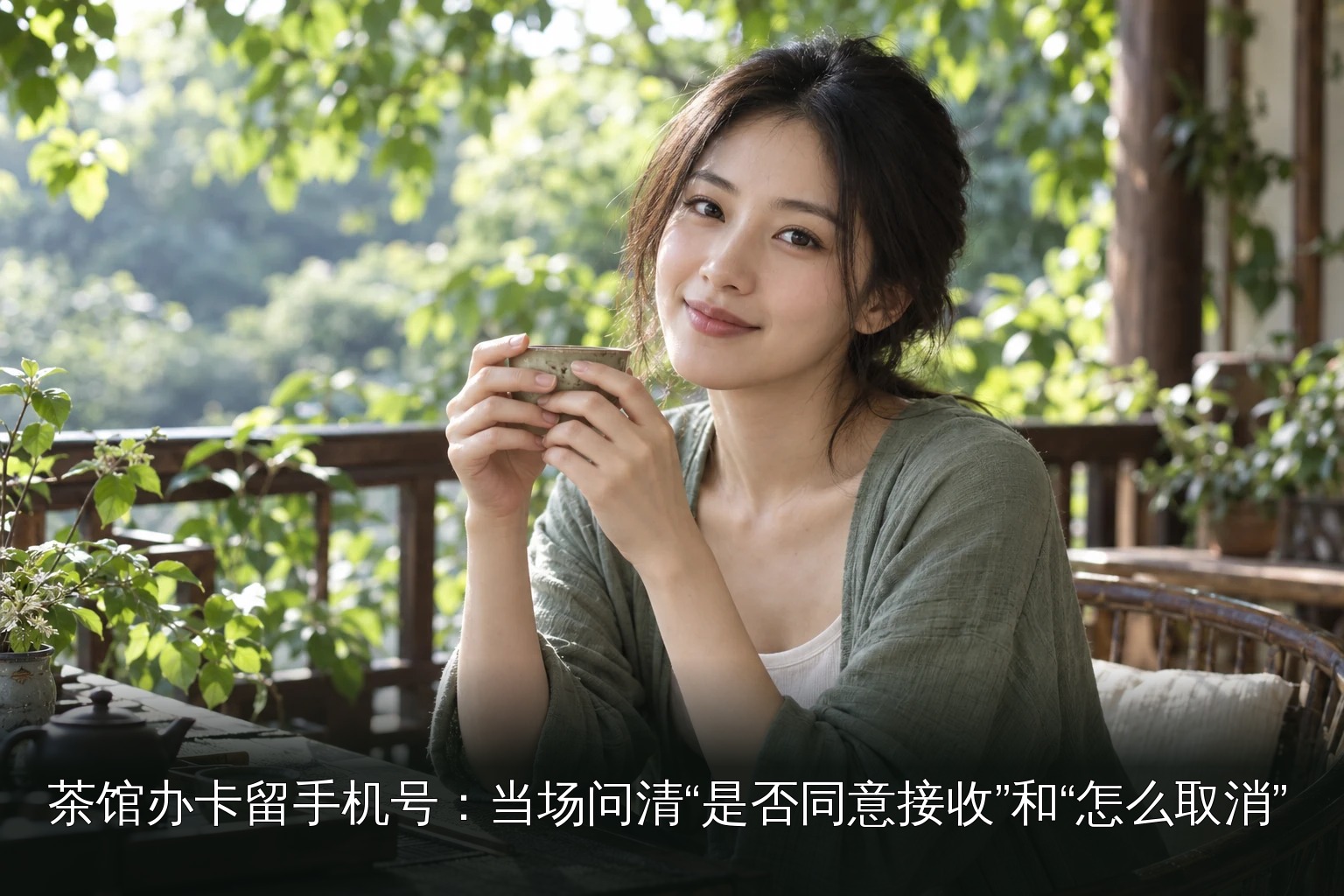 年轻女性品茶主题图｜阳台植物与品茶