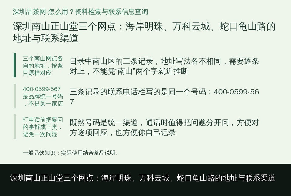 深圳南山正山堂三个网点：海岸明珠、万科云城、蛇口龟山路的地址与联系渠道的知识要点示意图